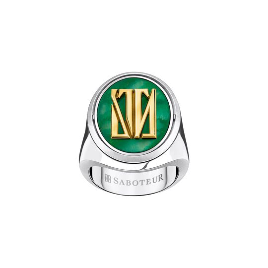 Signet Ring Monogram Turnable 925 Silver 18 K Yellow Gold Malachite from the  collection in the SABOTEUR online store
